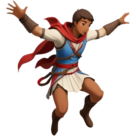 An icon featuring a hero performing a leap of faith from a tower in Florence, inspired by adventure games like Assassin's Creed. The design captures the dramatic moment mid-air, with detailed architecture and a bustling city below. Transparent background emoji