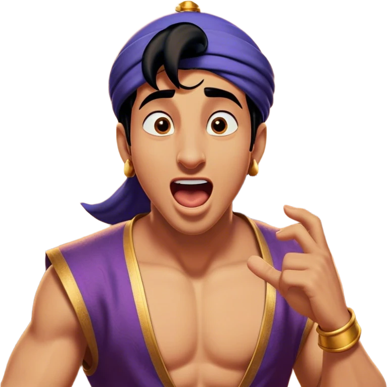 Cinematic Realistic Aladdin Portrait, head tilted slightly with a dramatic, wide-open yawn, revealing a relaxed, yet still vigilant expression. The lifelike textures of his skin and carefully rendered fabric of his attire combine with warm, ambient lighting to capture a moment of endearing, laid-back heroism. emoji