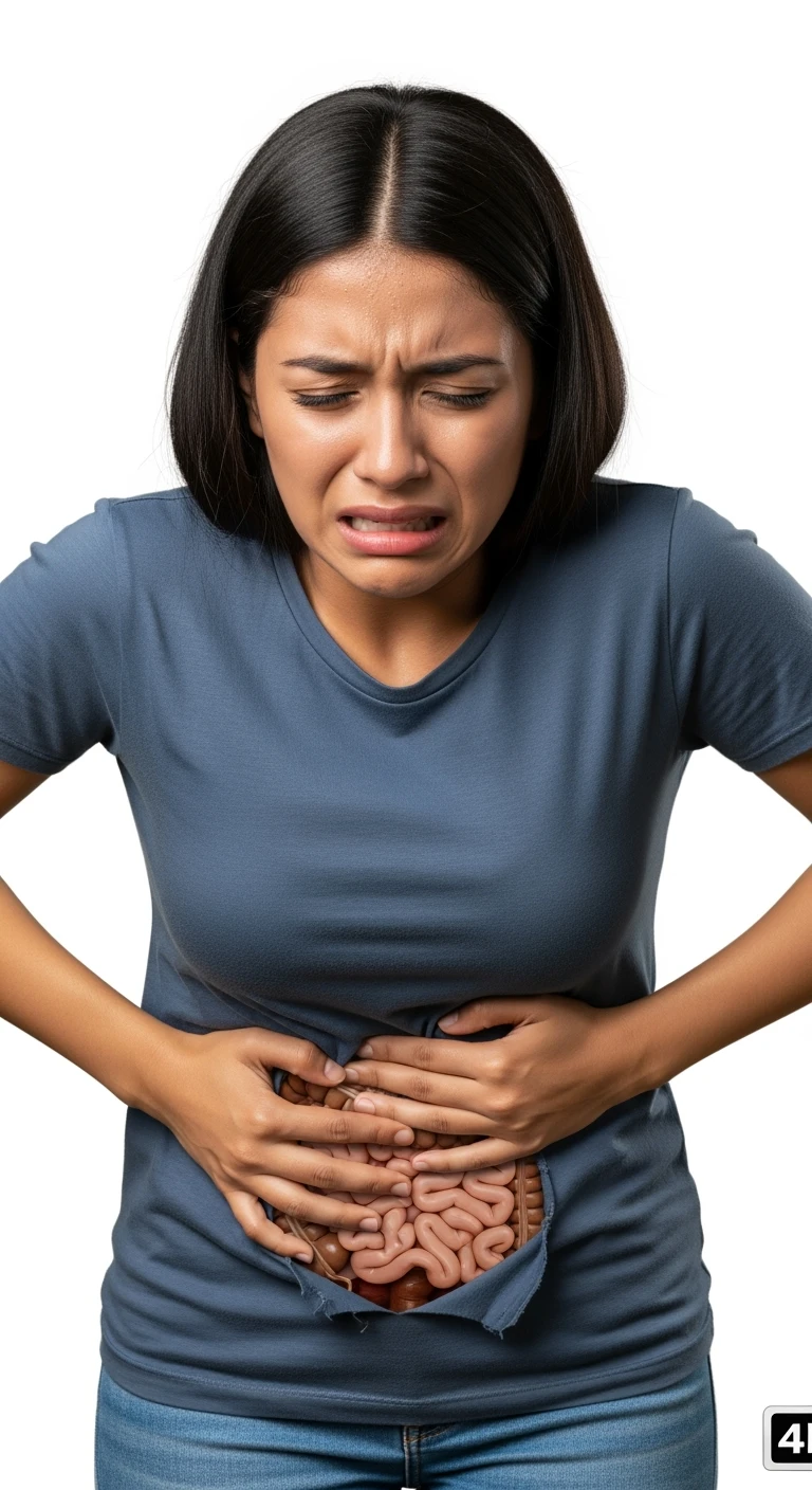 DONNA CHE SI TIENE LA PANCIA DOLORANTE CON INTESTINO VISIBILE, ESPRESSIONE DI DOLORE IN VOLTO, iperrealistico 4k, ISOLATA SU SFONDO BIANCO emoji
