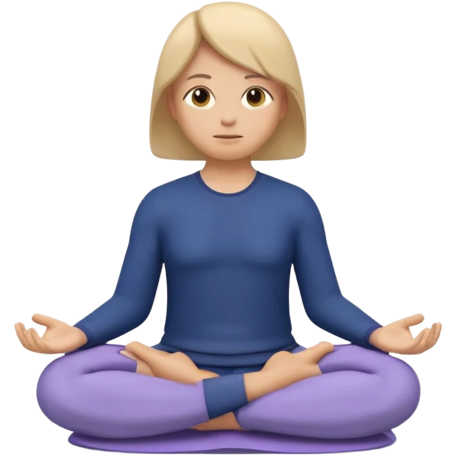 Modern premium 3D emoji icon: faceless gender-neutral meditator sitting cross-legged, smooth rounded shapes, matte + subtle gloss, top-left studio light, soft shadow, faint halo aura, navy outfit with lavender accent, centered, transparent background, no text emoji