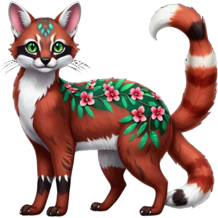 Colorful dark tropical sanguine-red, black, white fur, with green eyes, iridescent glorious divine exotic cute cool beautiful shiny beautiful floral fantasy-caracal-civet-genet-sergal-vernid-Cacomistle-oncilla-animal-Fakémon-hybrid-fursona with pattern markings (full body) emoji