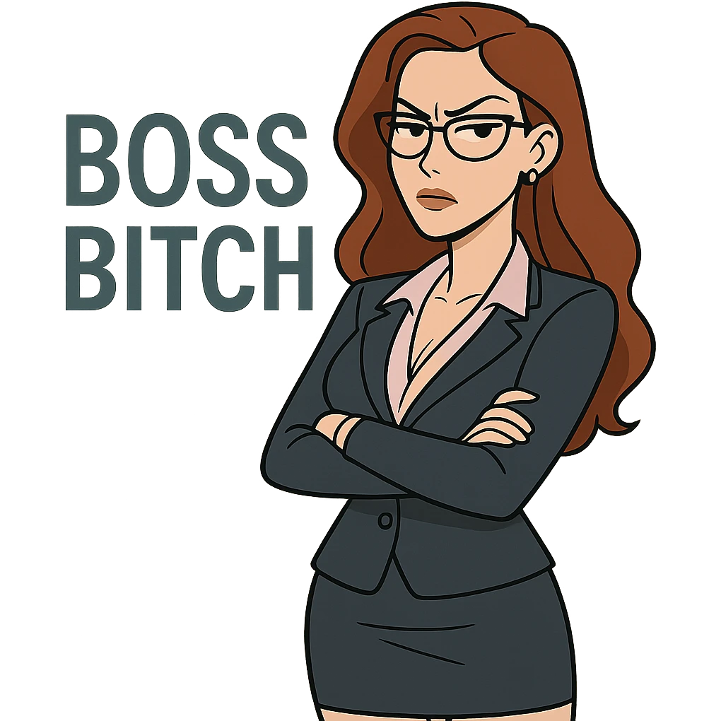 stern but sexy businesswoman, 'Boss Bitch' in modern sans-serif emoji