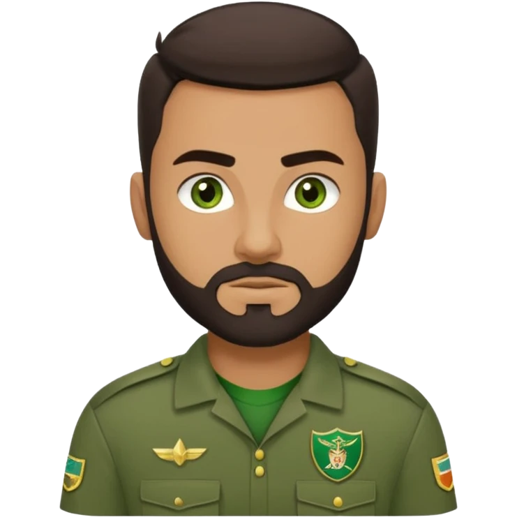 A strong young man, with a dark brown short goatie beard, thick eyebrows, green eyes, faded styled dark brown hair, and a green Uniform that says on the left chest "CC Team Seba" emoji