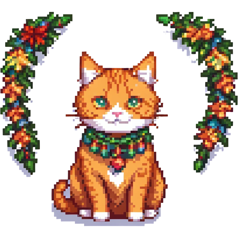 orange cat in pixel art style, minimalist gaming style, Christmas garland like on a New Year tree emoji