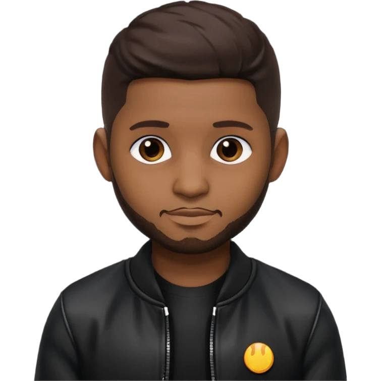 Usher with dark brown hair, vinyl black outfit emoji