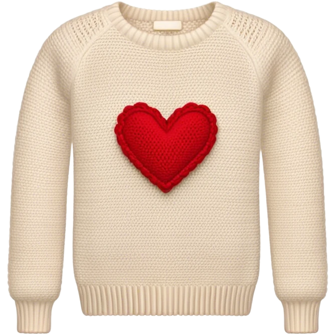 knit cream-colored sweater with red crochet heart on the lefthand sleeve emoji