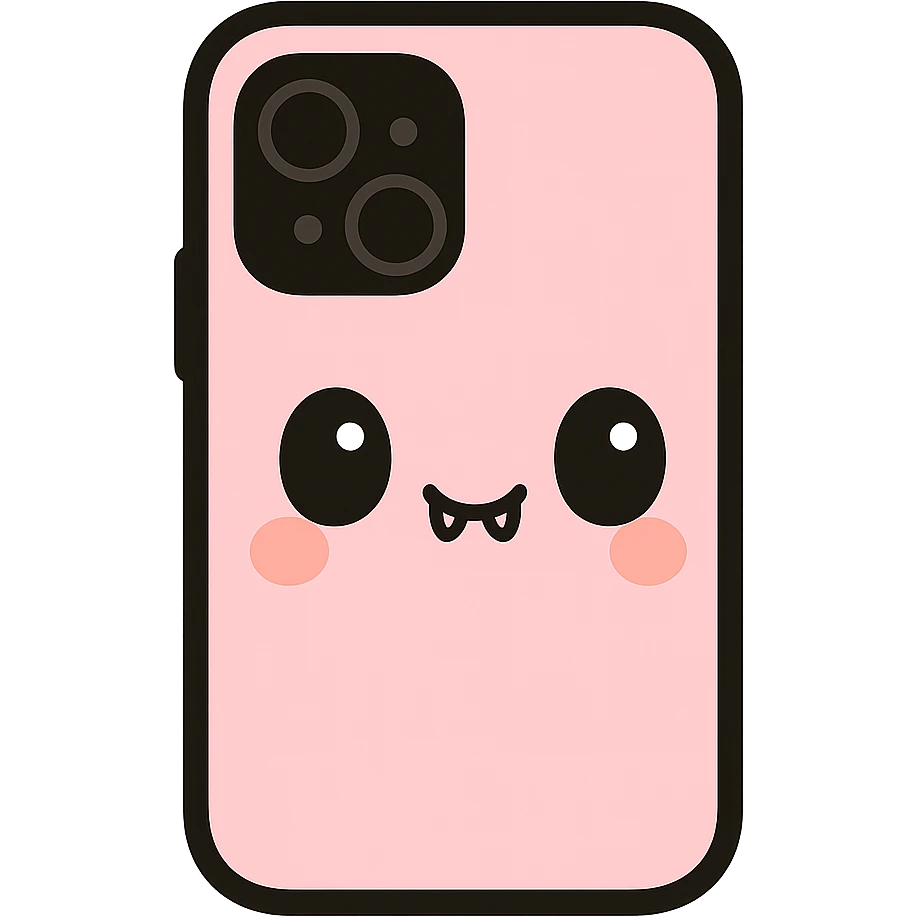 Remove any purse or purse-matching elements. Focus only on a pink and black gothic phone case in kawaii style with big eyes, cute fangs, playful, cartoonish. No purse references. No background. emoji