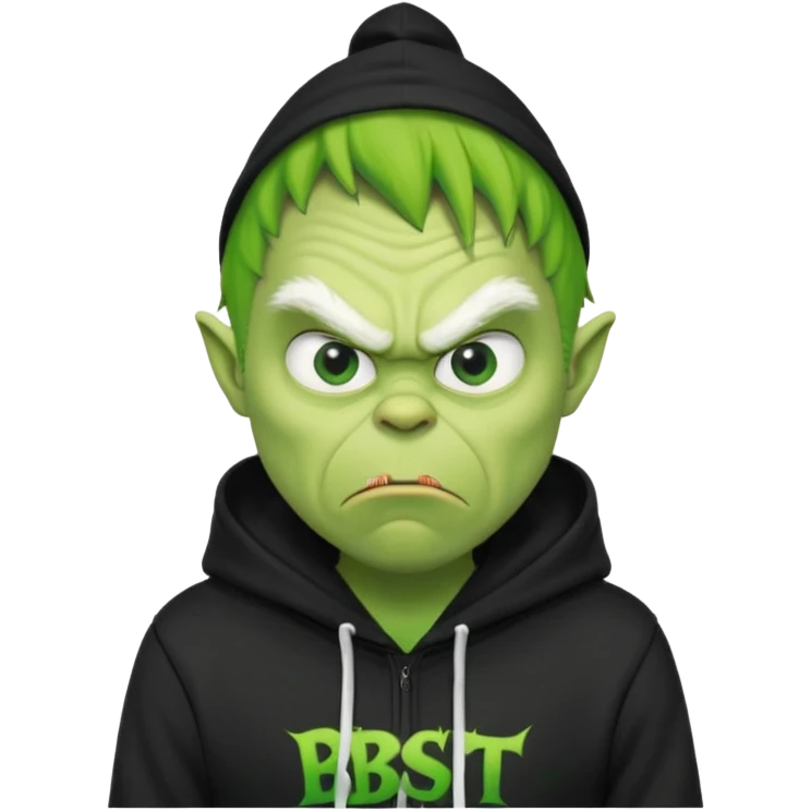 Create an avatar of white european male in hoodie with ``BST`` letters on it. make him look like grinch from movie emoji