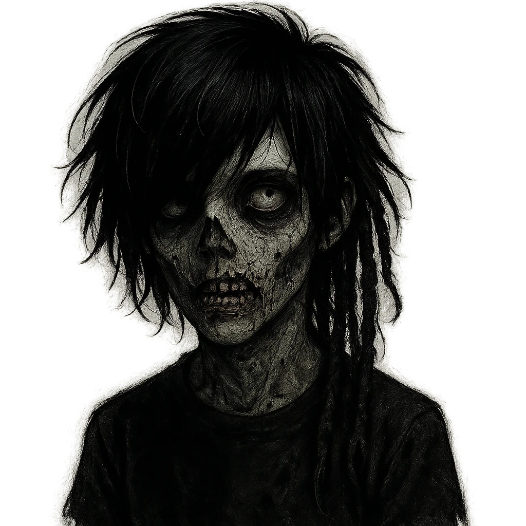 boy zombie with black medium-long shaggy hair and dreads, emo style, dark and spooky, creepy face emoji