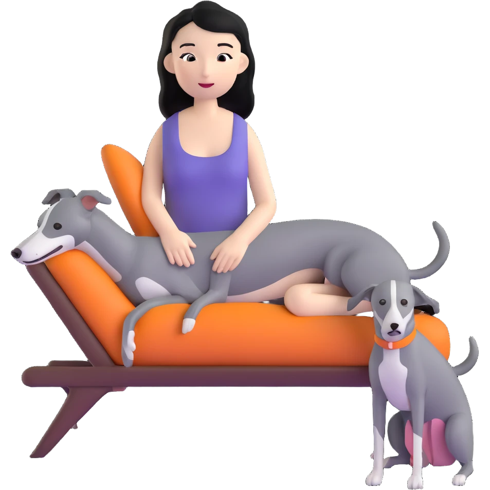 Very thin Chinese woman with long black hair relaxing in a luxurious hotel suite with exactly ONE whippet dog. EXTREME IMPORTANCE: the whippet must be ONE SOLID MEDIUM GREY COLOR (not too dark, not too light) from nose to tail with ABSOLUTELY NO WHITE MARKINGS anywhere - NO white on face, NO white on muzzle, NO white on chest, NO white on paws, NO white on tail - NOTHING BUT A SINGLE SHADE OF MEDIUM GREY throughout the entire animal emoji