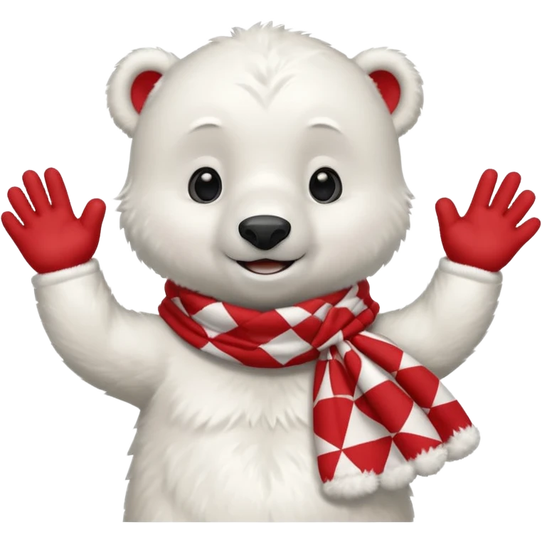 baby Polar Bear, smiling, hi five, wearing red Checkered Triangle scarf emoji