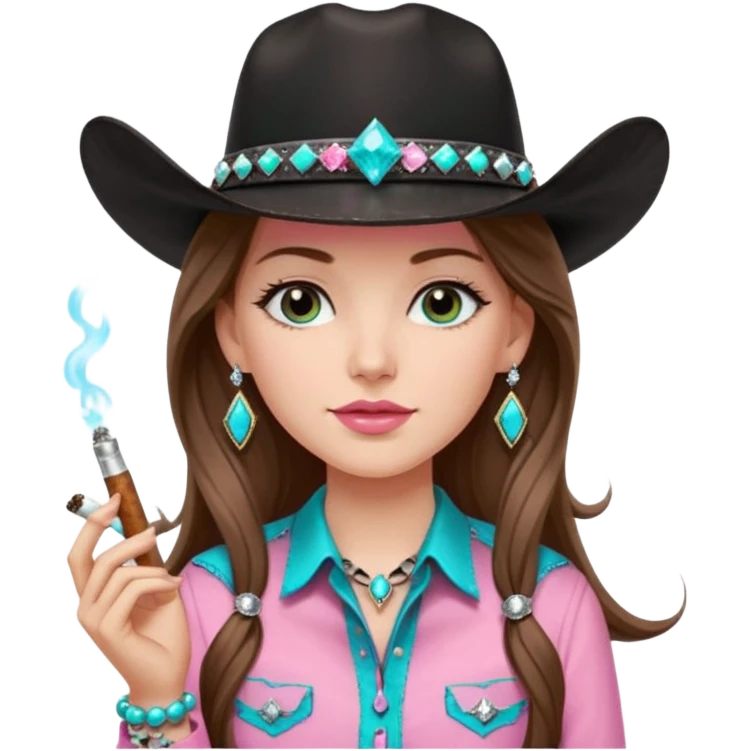 White girl, black cowboy hate with turquoise hat band sparkling, long brown straight hair, pink and black western shirt, smoking a joint,  big diamond earrings emoji