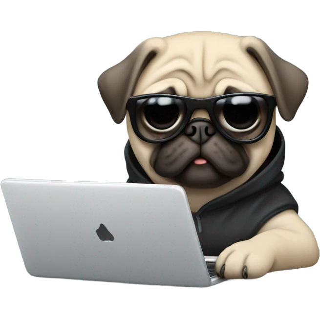 Pug wearing a black hoodie and using a laptop and wearing sunglasses emoji