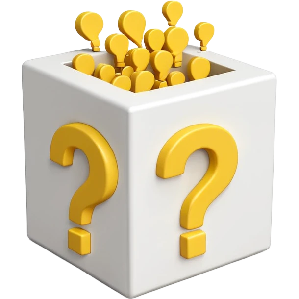 white cube shaped box printed with "q&a" over stuffed with yellow question marks emoji