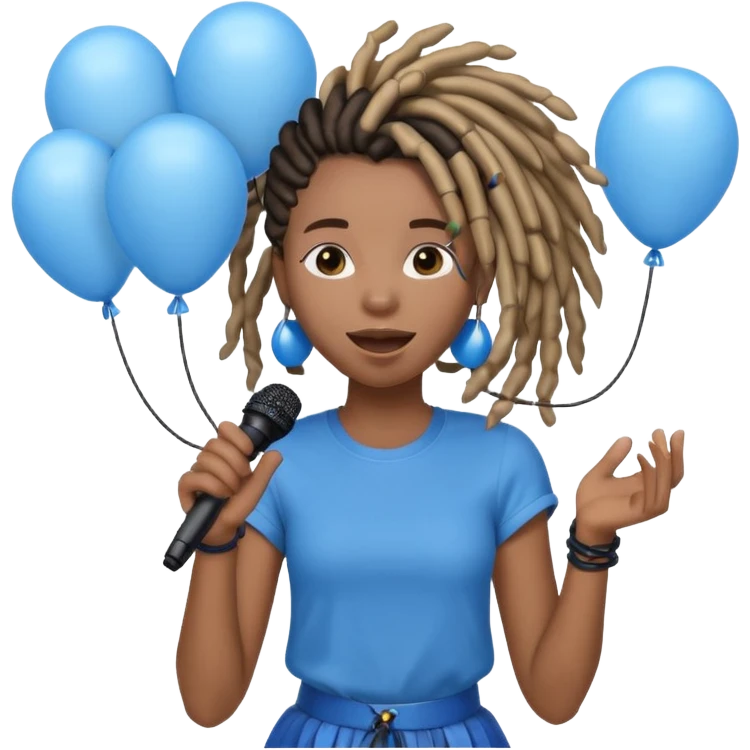 Black girl Stud with dreadlocks singing 1,2,3 release em with white and blue balloons flying overhead emoji like with mic in hand  emoji