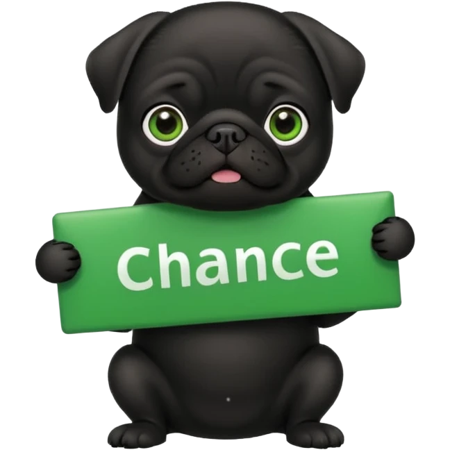 black pug holding a green sign with the text 'Chance' emoji