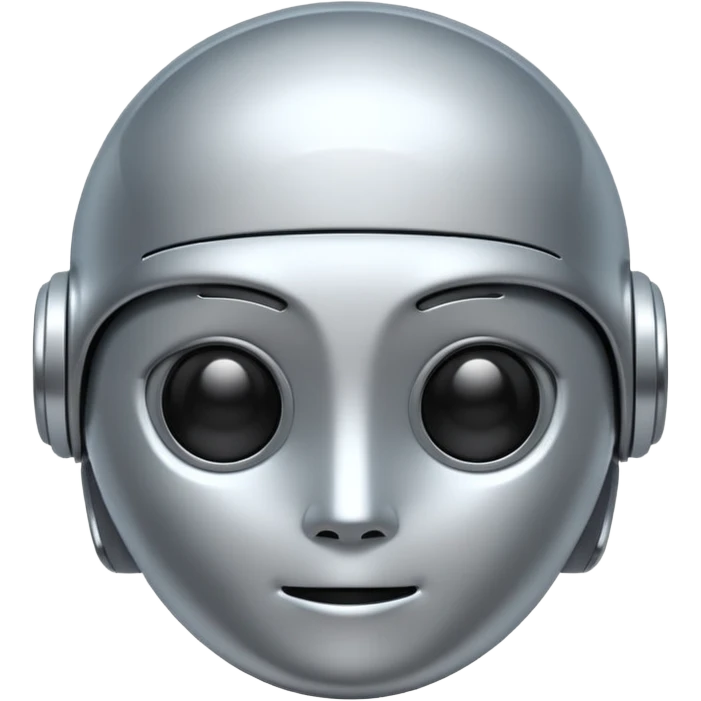 A cute futuristic robot emoji made of silver chrome, rounded friendly body, minimal facial features, glossy metallic surface, soft reflections, iOS emoji style, centered, clean white background emoji