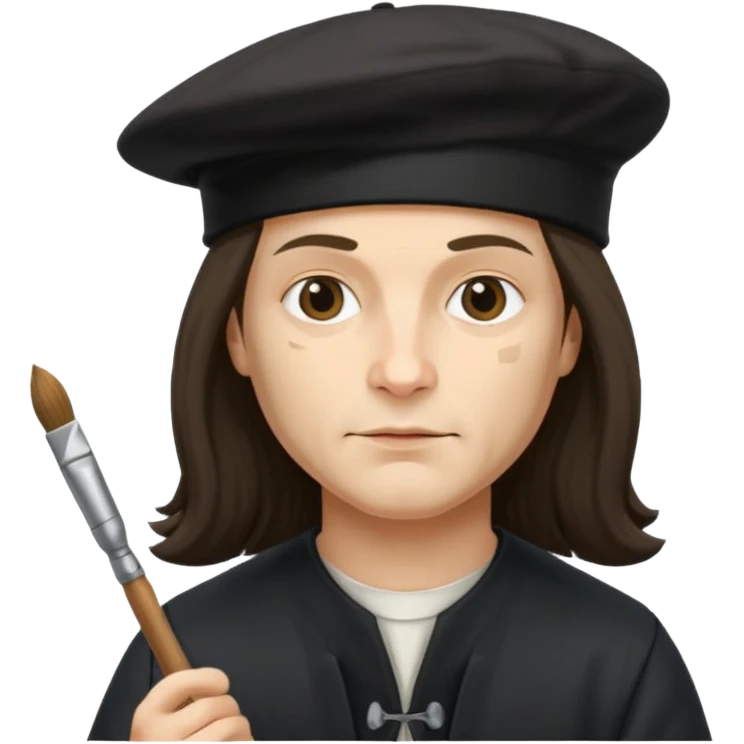 Leonardo da Vinci wear black beret hat, hold a brush emoji