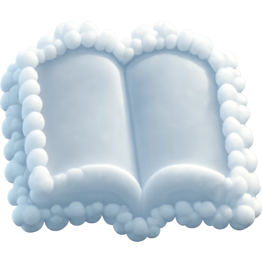 top view of a thick open book made entirely of small, very bright white fluffy convex clouds, matte glass style emoji
