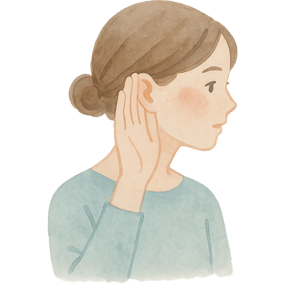 girl listening to viewer, side view, hand to ear, soft watercolor style emoji