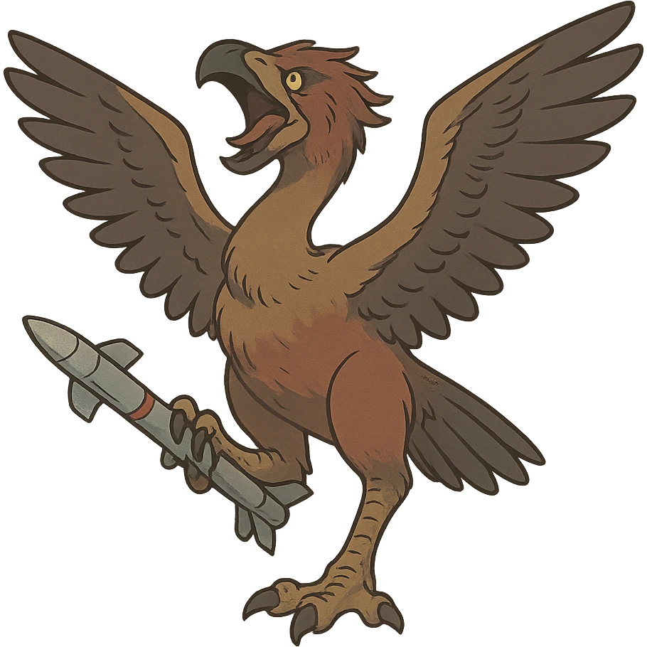 an insignia for a flag: a strange foreign alien bird creature, resembling a prehistoric phorusrhacos, gripping a sidewinder missile in its' powerful claw, standing up on its' other claw, cawing fiercely, wings spread in defiance.
 emoji