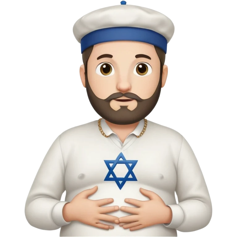 Pregnant Jewish man facing left with hands on belly, wearing a kippah and Star of David necklace, with facial hair emoji