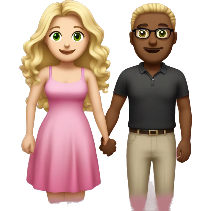 Curvy woman with long blonde hair and green eyes wearing a pink dress and holding hands with a brown man with short curly black hair and glasses emoji