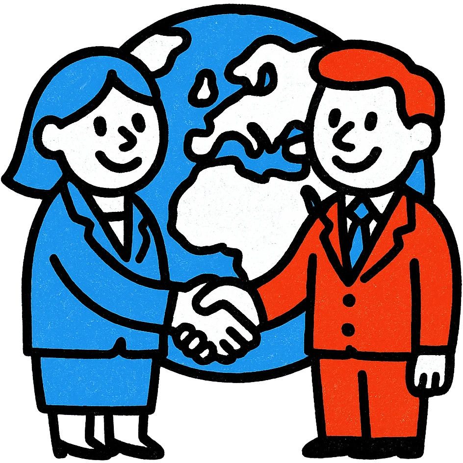 A lively icon of two businesspeople shaking hands over a world map, using only colors #1E90FF, #F13816, and #FFFFFF emoji