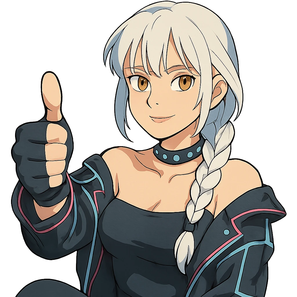  she is throwing a huge emphatic thumbs up, a closeup portrait of young woman with gold yellow eyes, white hair, long braid, black off-shoulder top d-cup, punk gothic style, futuristic cyberwave cyberpunk, sitting position
 emoji