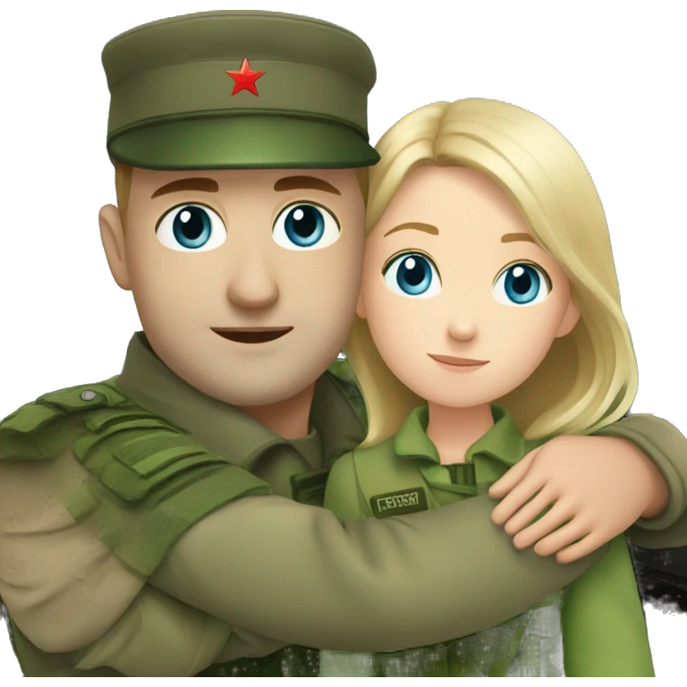 russian soldier with blue eyes hug girl with green eyes near train emoji