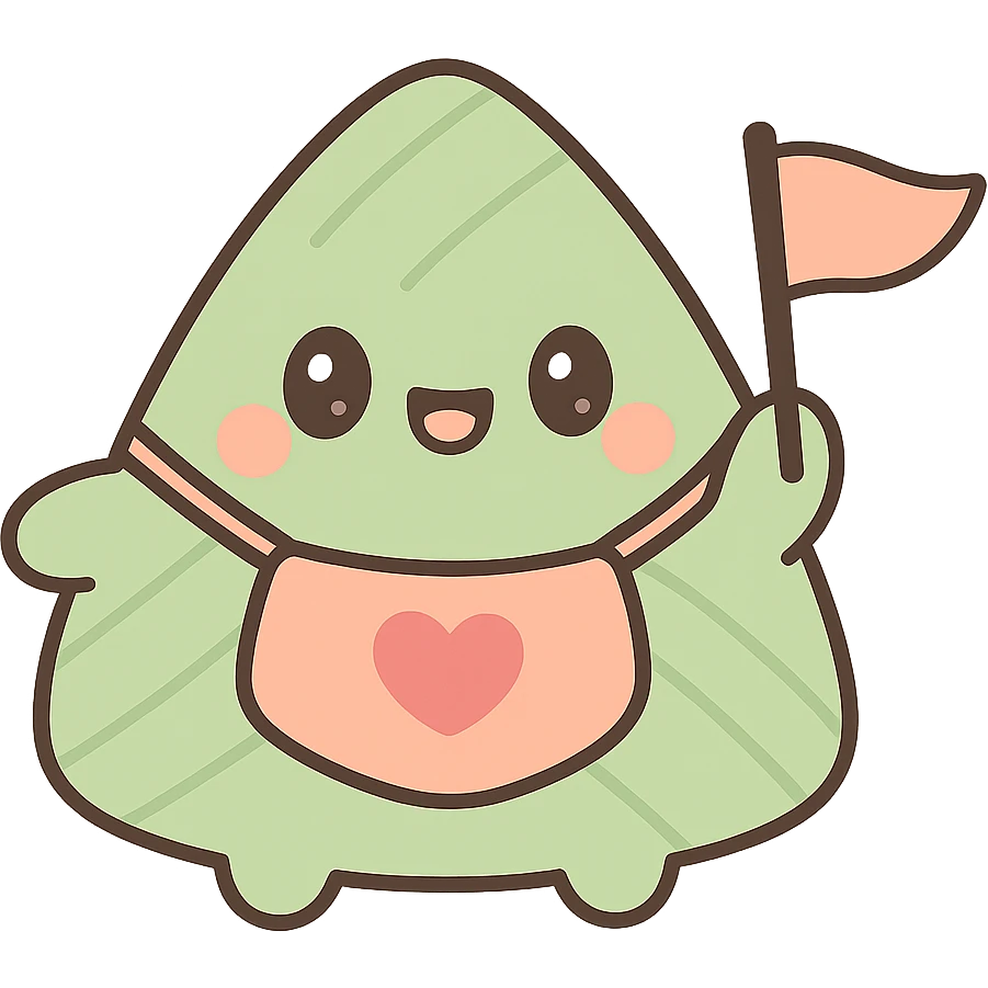 personified zongzi wearing a small dudou, holding a small flag, cartoon style, lively and fun for Dragon Boat Festival emoji