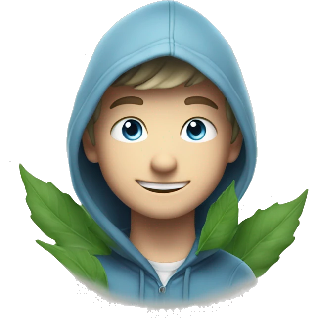 smiling Caucasian boy with blue eyes in hoodie surrounded by green leaves and smoke behind him emoji