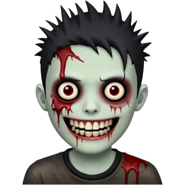 zombie boy with emo spiky hair, white skin, and white eyes; an open smile, and bloodied teeth; emoji