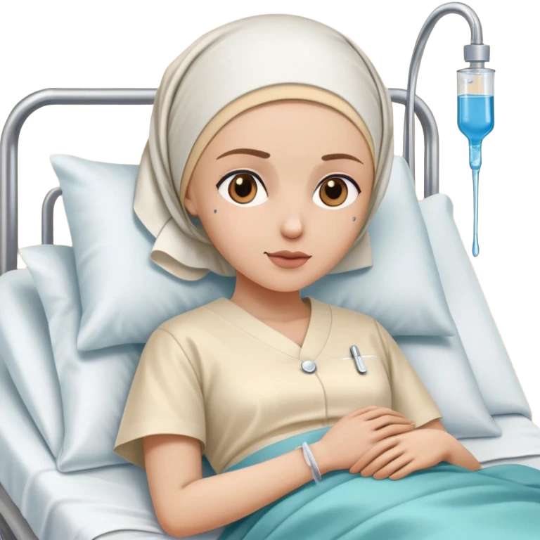 leukemia patient in a hospital bed with a headscarf and IV drip, nurse nearby emoji