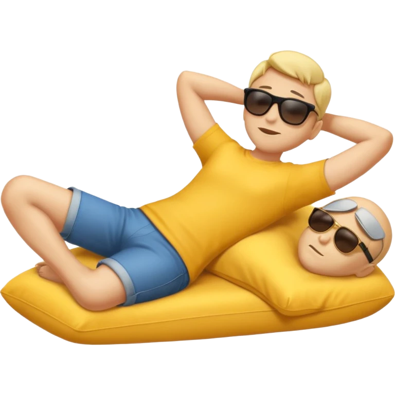 A full-body emoji man, with classic yellow skin tone, lying down or leaning back in a relaxed pose. He is wearing sunglasses and has both arms behind his head. The style should match standard emoji designs (like Apple emoji