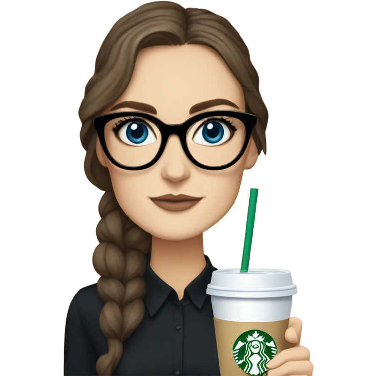 Photo of elegant Keira Knightly wearing black glasses and blue eyes holding Starbucks  emoji