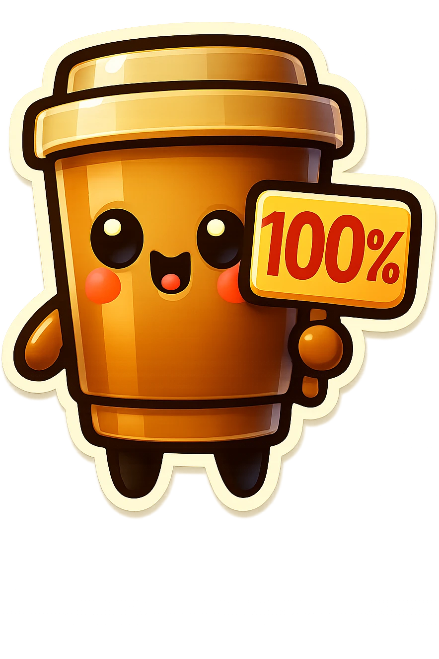 Tall coffee cup, holding sign "100%" emoji