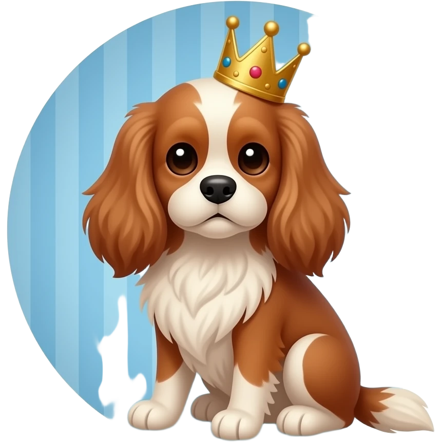 A brown Cavalier King Charles Spaniel sitting in a blue vertically striped thirst with a birthday crown emoji