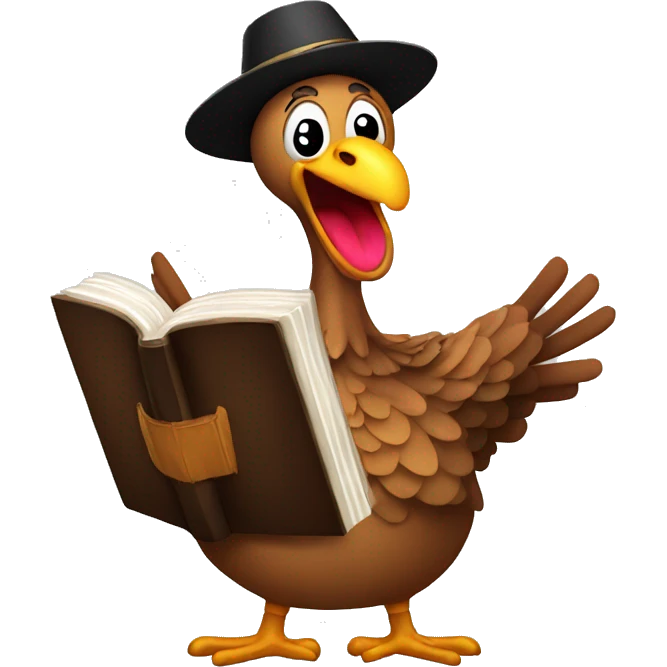 Happy Turkey singing with Bible in his hand emoji