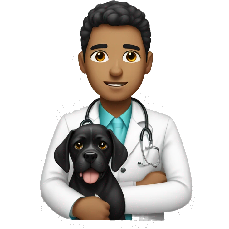 Young Mexican doctor with big black boxer dog with white face emoji