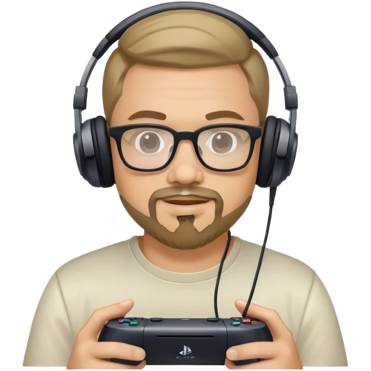 Muchacho guapo tez moreno claro con barba de candado con lentes con audífonos jugando playstation emoji