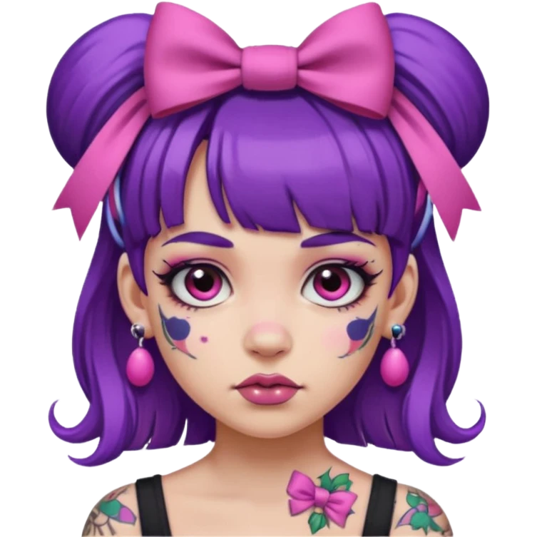 girl with bangs and purple hair and pink hairbow on the side of head and earrings and very heavy face tattoos emoji
