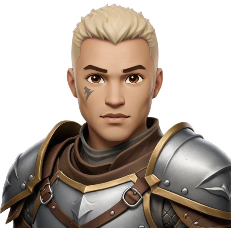 Cinematic Realistic WoW Human Warrior Portrait, head tilted dramatically with an exaggeratedly amused expression, blending rugged heroism with a hint of lighthearted charm. His chiseled face, framed by meticulously rendered steel armor and leather accents in consistent greys and bronzes, is brought to life with dynamic lighting and high shine, dramatic yet whimsical, capturing the essence of a warrior whose epic might is coupled with an approachable, playful demeanor. emoji