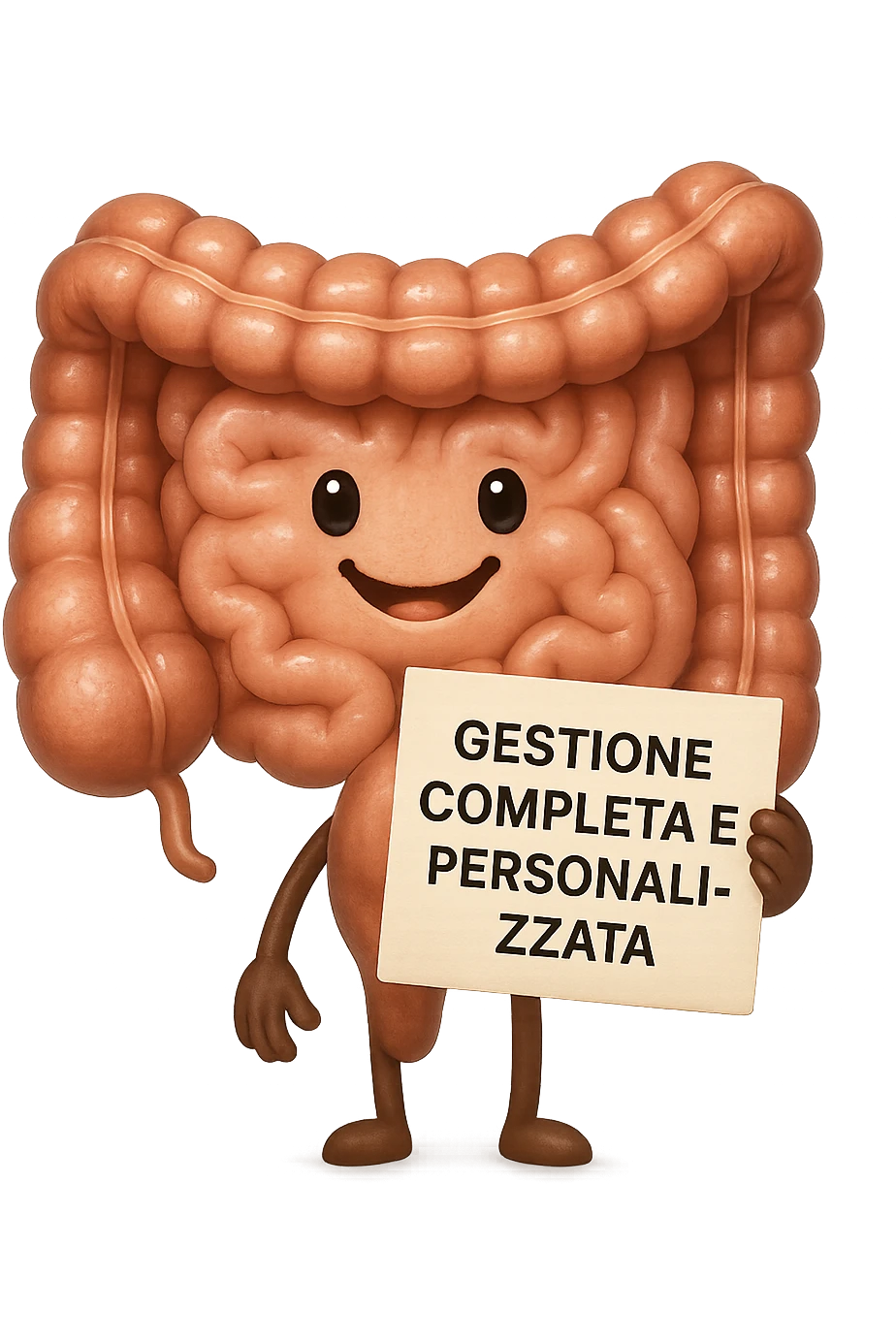 emoji stile iphone di un intestino umano anatomico ED ESPRESSIONE FELICE MENTRE LEGGE con foglio in mano con la scritta "GESTIONE COMPLETA E PERSONALIZZATA"
IPERREALISTICO 4K emoji