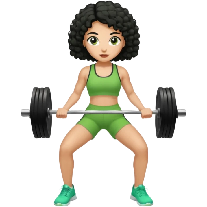 woman with olive skin and curly black hair wearing a green workout outfit (shorts) and lifting weights emoji
