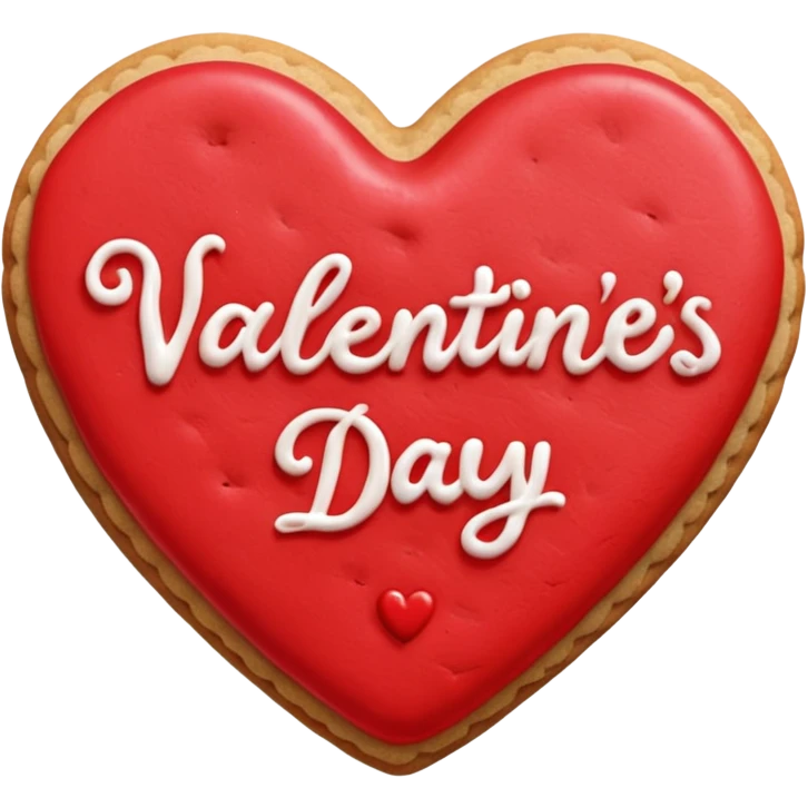 Heart-shaped cookie with red icing emoji, write 'Happy Valentine's day' on top of the red icing in white icing emoji