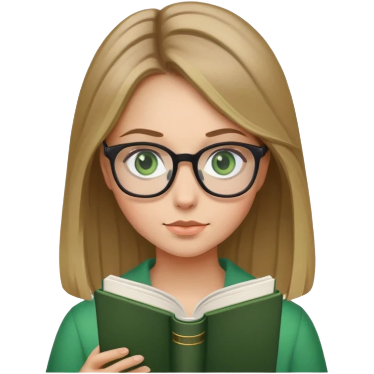Dark blonde hair with green eyes and glasses girl reading a black book emoji