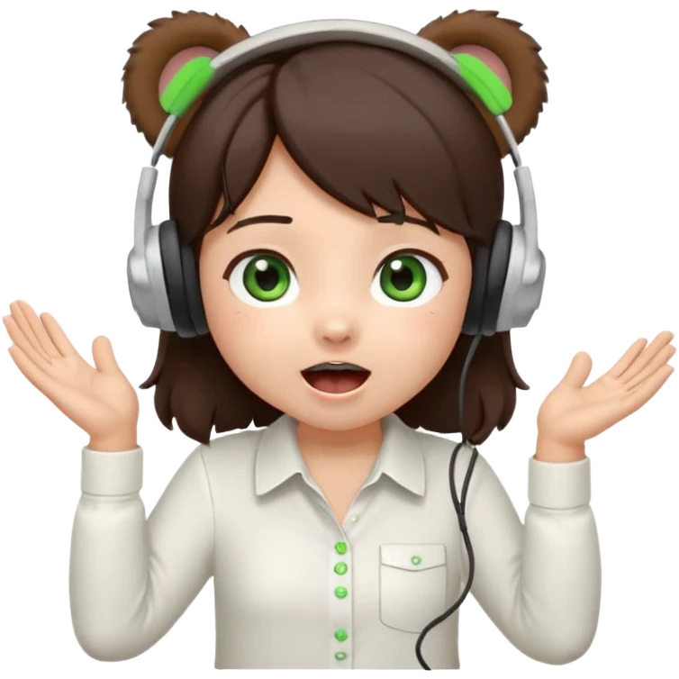 Chibi girl, dark brown hair, green eyes, wearing a white shirt and small brown bear ears on a headset, with wide happy surprised eyes and mouth and clapping excitedly emoji