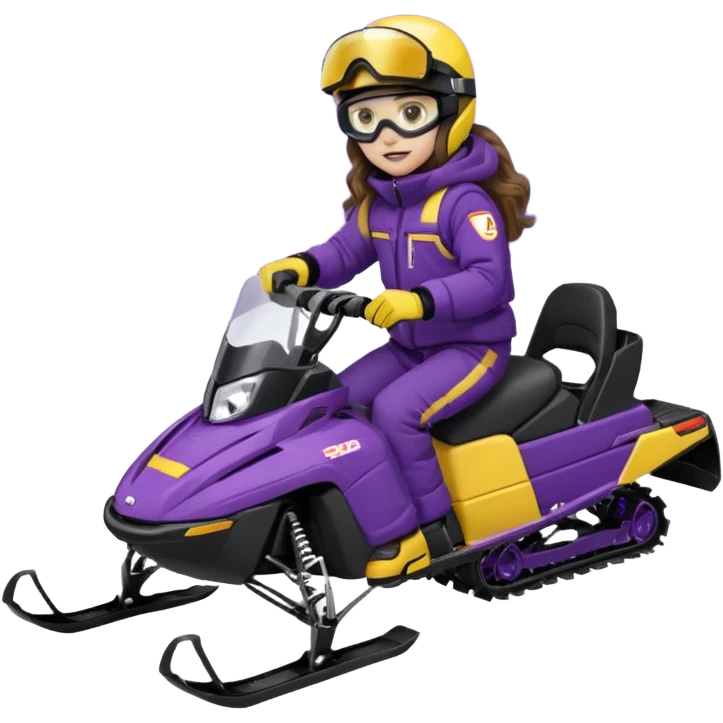 Brown, long wavy hair, ski-doo jacket and pants ski doo boots helmet and goggles, dark purple sled Sitting on dark purple snowmobile goggles and helmet not covering my face brown eyes white skin dark purple formula 1995 snowmobile emoji