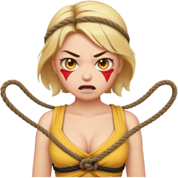 woman bound with rope around her chest, angry face, emoji style emoji